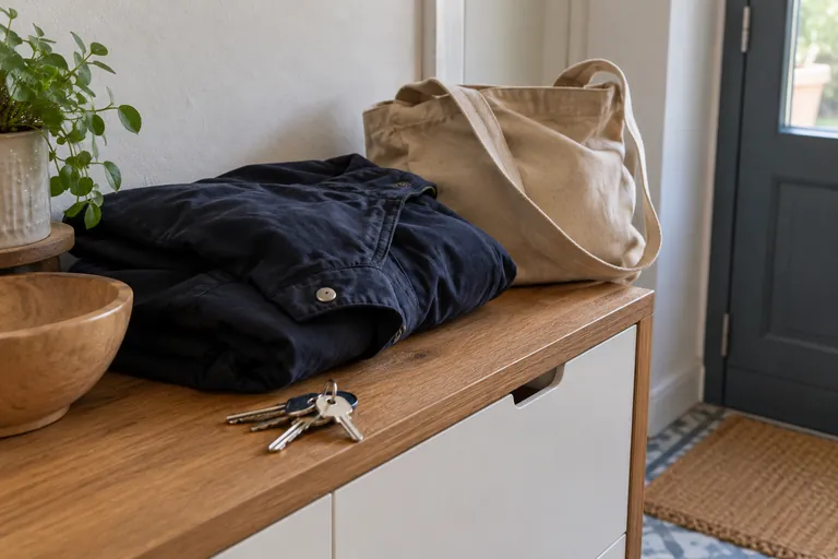 Des clés, une veste pliée et un sac reposent sur un meuble d’entrée