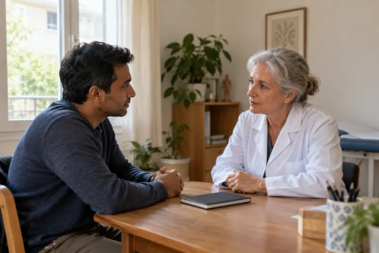 Un homme échange avec une médecin, un carnet fermé entre eux