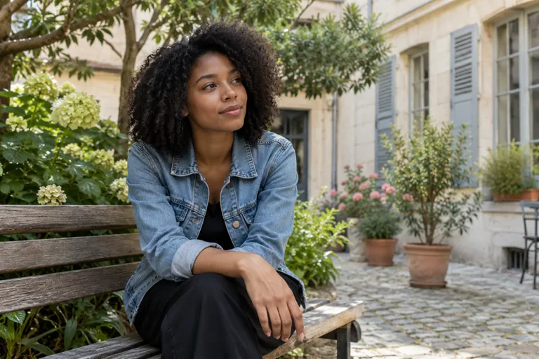 Une femme est assise sur un banc dans une cour calme