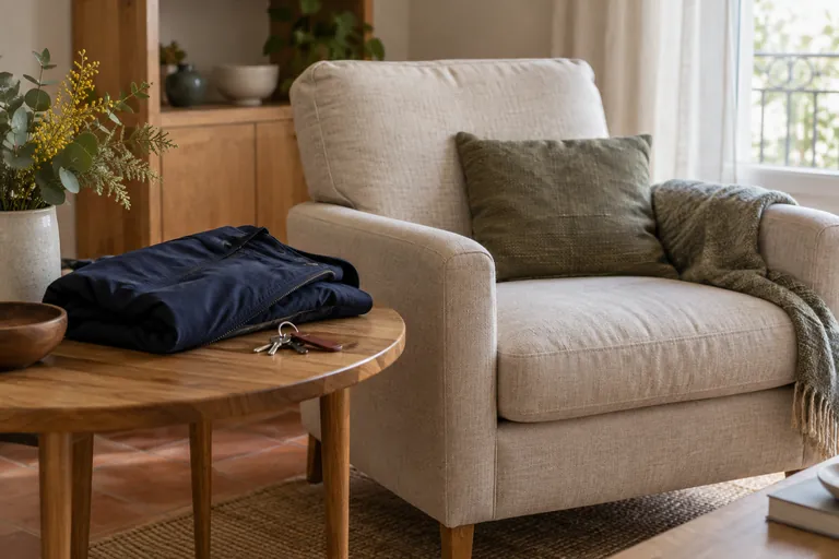 Une veste pliée et des clés reposent près d’un fauteuil vide