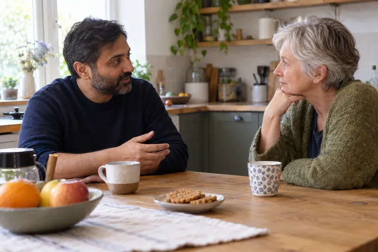 Deux adultes discutent autour d’une table de cuisine
