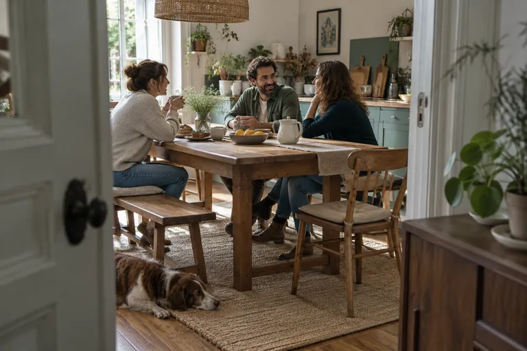 Trois adultes discutent assis à une table