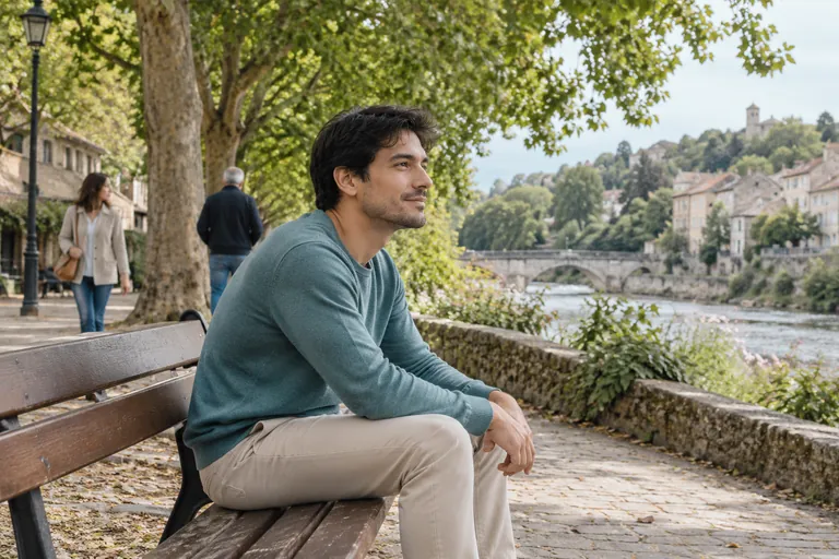 Un homme se repose sur un banc près d’une rivière