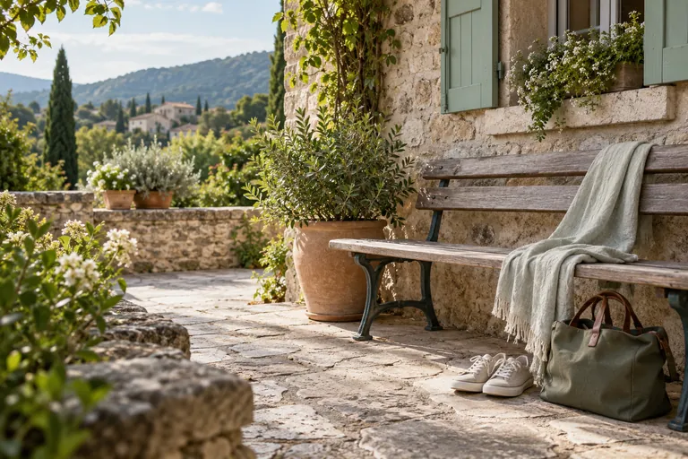 Un banc vide, un sac et des chaussures près d’une maison