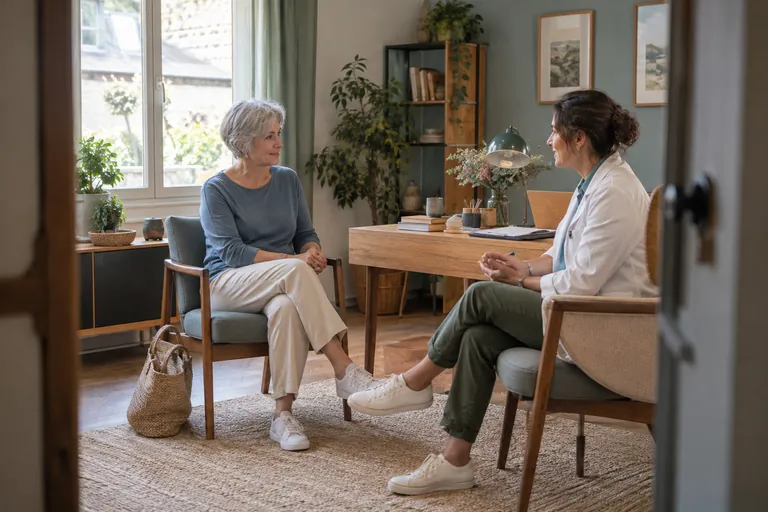 Une femme aux cheveux gris échange avec une professionnelle de santé