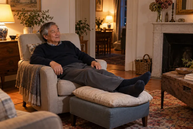 Un homme repose dans un fauteuil, les jambes soutenues par un coussin sur un repose-pieds
