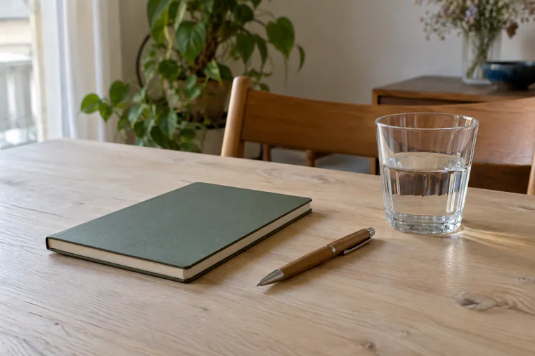 Un carnet fermé, un stylo et un verre d’eau reposent sur une table