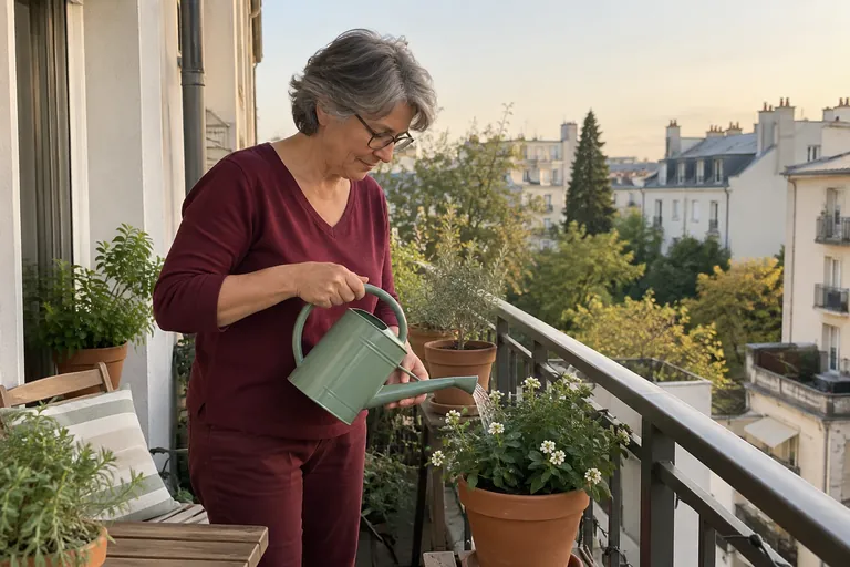 Une femme arrose une plante en pot sur son balcon.
