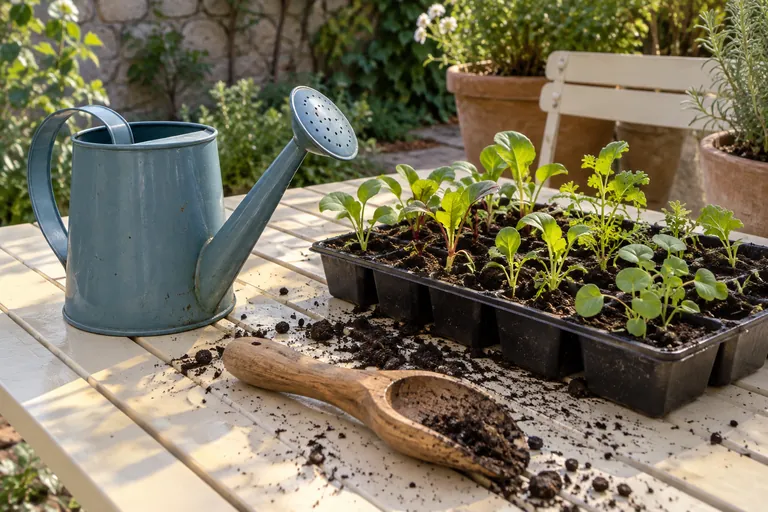 Un arrosoir, des jeunes plants et une pelle à terreau sont posés sur une table.