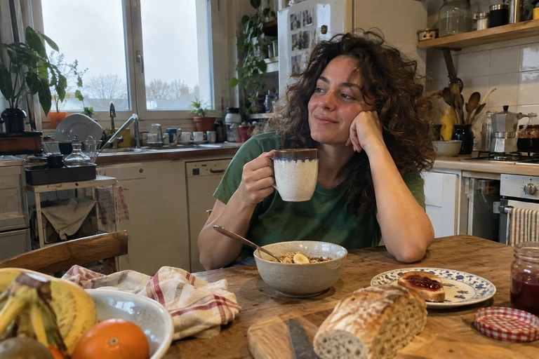 Une femme prend son petit-déjeuner dans une cuisine