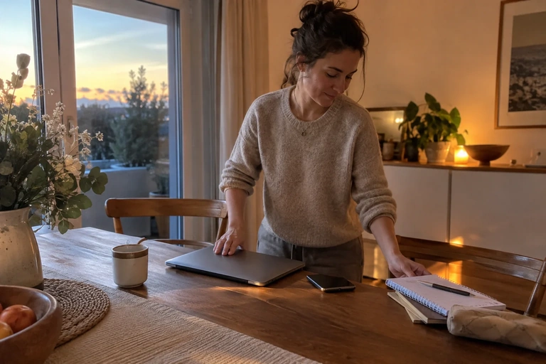 Une femme ferme un ordinateur sur une table de salle à manger