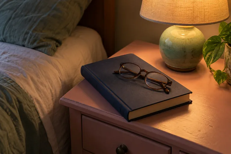 Une paire de lunettes repose sur un livre fermé à côté d’une lampe allumée.