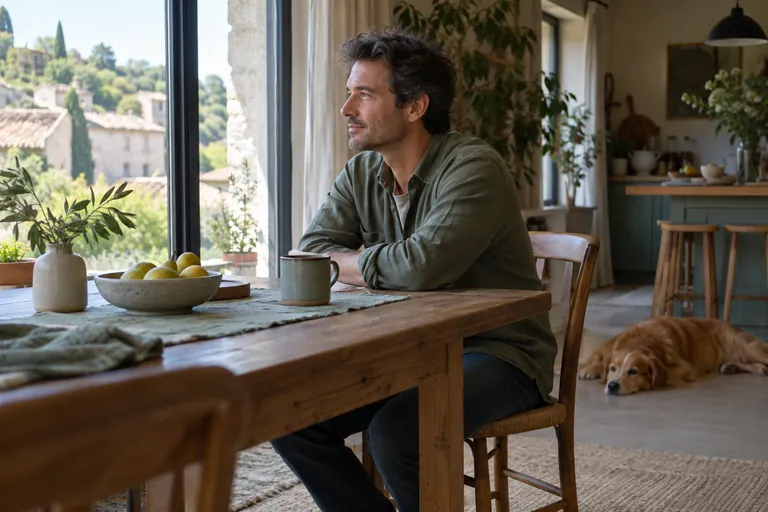 Un homme assis à une table regarde par une fenêtre