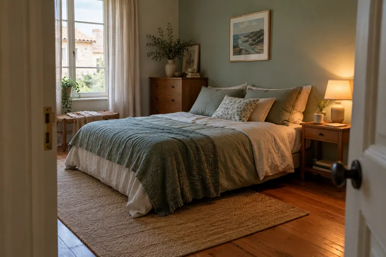 Une chambre vide avec un lit préparé et une lampe allumée