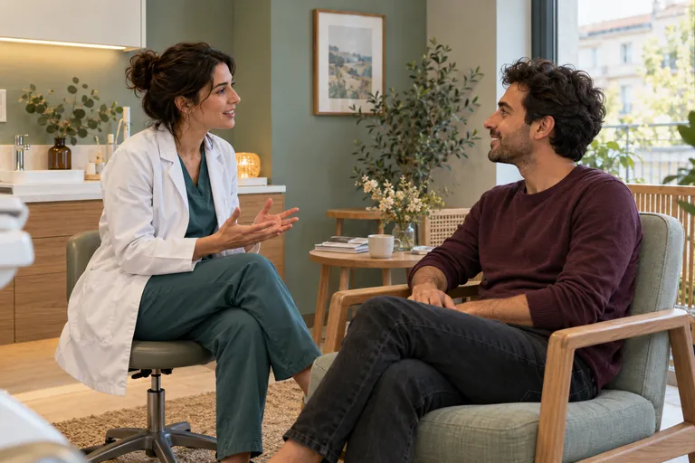Un homme échange avec une professionnelle de santé