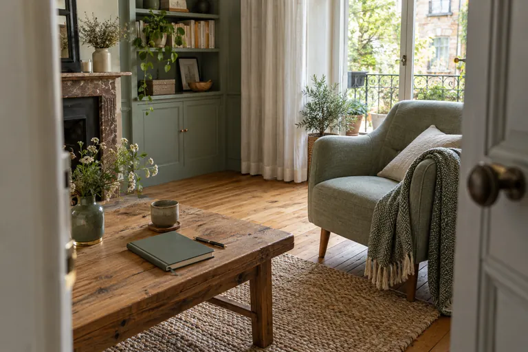 Un carnet, un stylo et une tasse reposent sur une table basse près d’un fauteuil vide