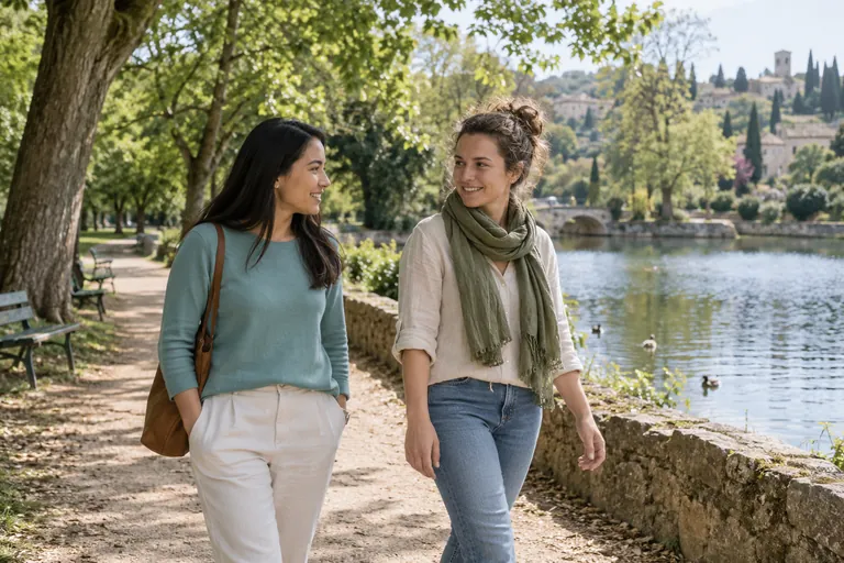 Deux femmes marchent ensemble au bord d’un lac