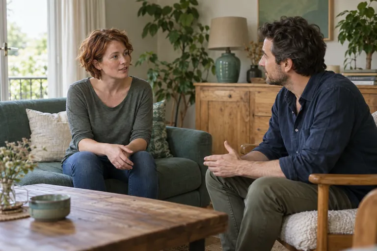 Une femme rousse échange avec un homme dans un salon