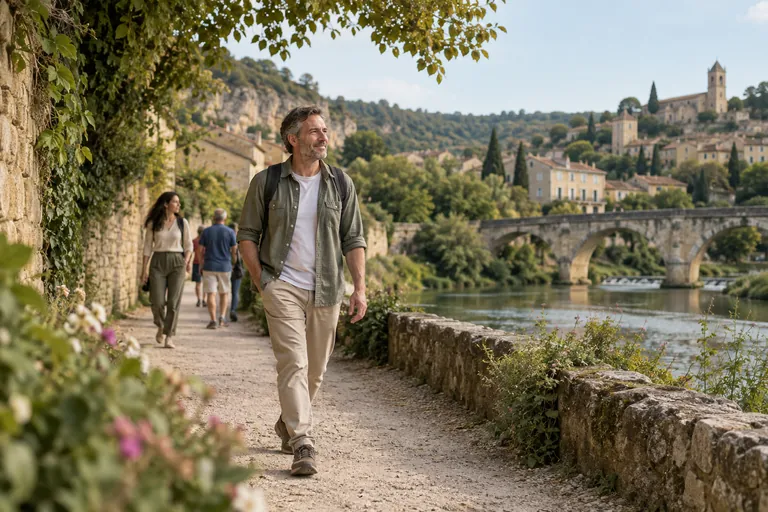 Un homme marche sur un chemin au bord d’une rivière dans un village