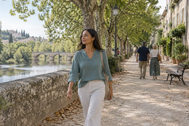 Une femme marche sur une promenade bordée d’arbres près d’une rivière
