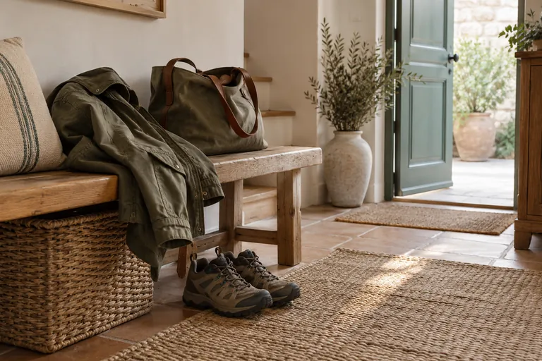 Des chaussures de marche, une veste et un sac sont rangés dans une entrée