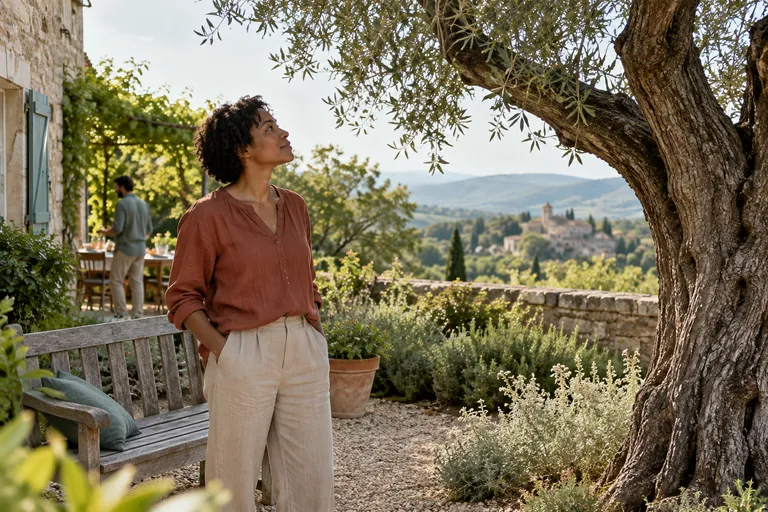 Une femme près d’un banc regarde les branches d’un arbre