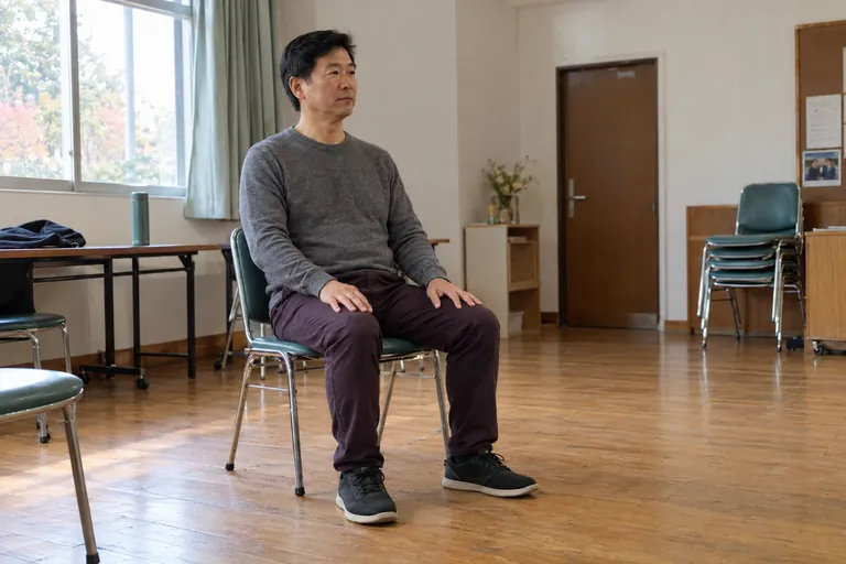 Un homme est assis sur une chaise, les pieds au sol et les mains sur les cuisses.