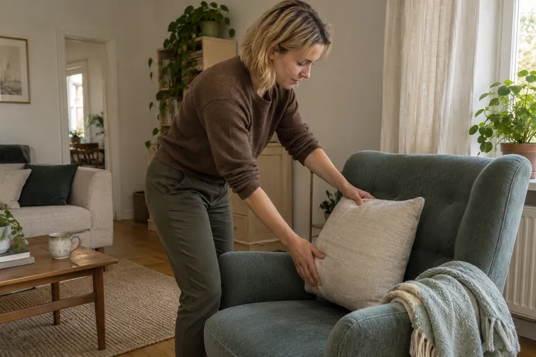 Une femme ajuste un coussin dans un fauteuil.