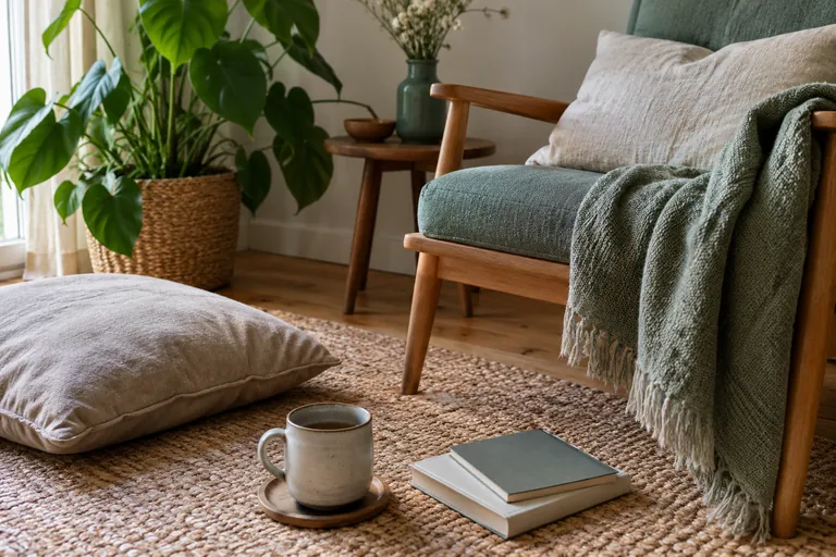 Un fauteuil, un coussin, une tasse et deux livres composent un coin de repos.