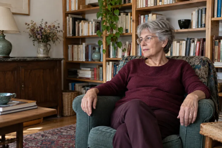 Une femme est assise dans un fauteuil devant une bibliothèque.