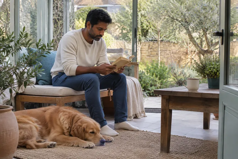 Un homme lit sur une banquette tandis qu’un chien est couché sur le tapis.