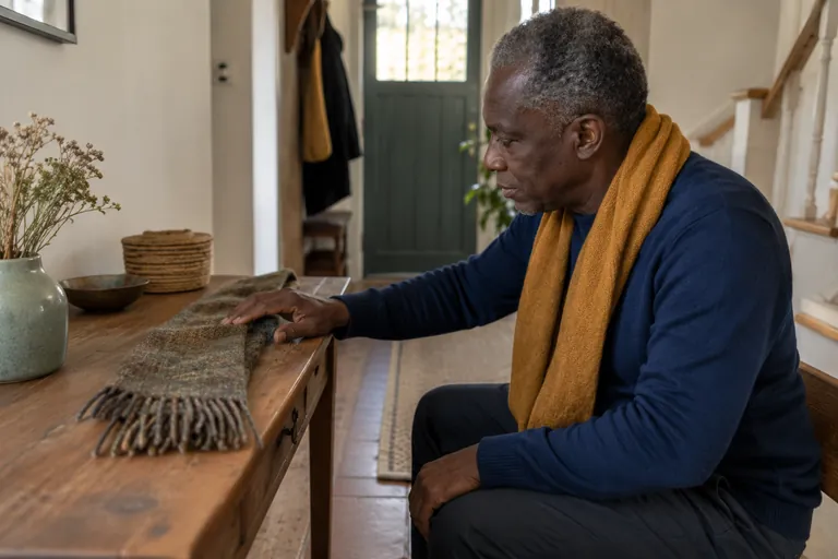 Un homme assis effleure un tissu posé sur un meuble.