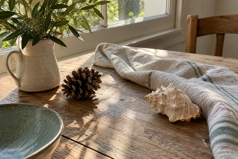 Un coquillage, une pomme de pin et un tissu reposent sur une table en bois.