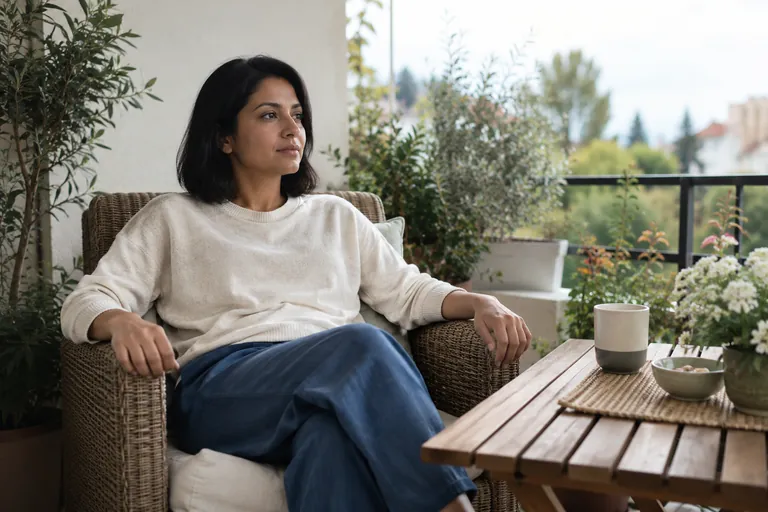 Une femme est assise dans un fauteuil sur une terrasse.