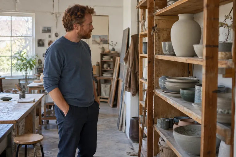 Un homme observe des poteries sur les étagères d’un atelier.