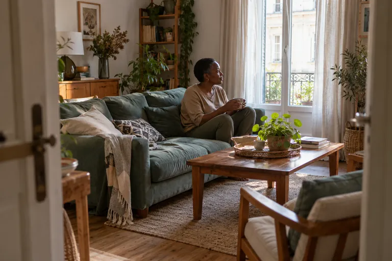 Une femme assise sur un canapé regarde vers une fenêtre