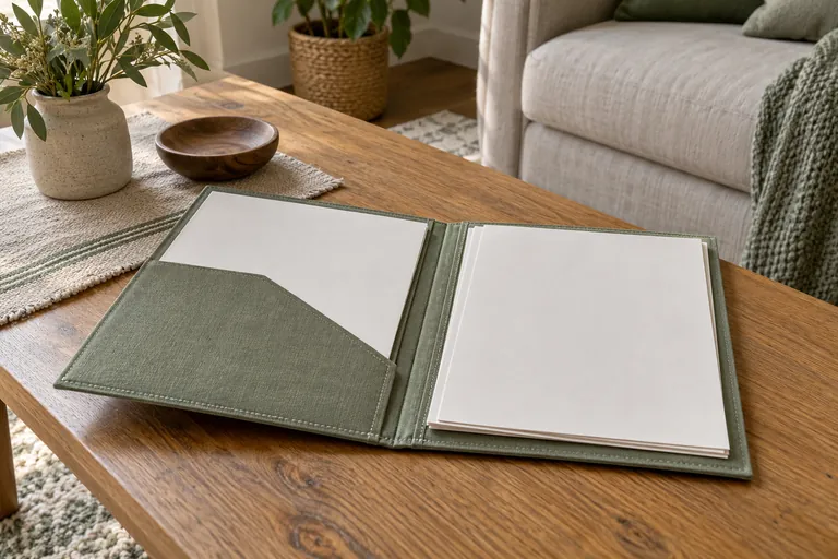 Une pochette en tissu ouverte contient des feuilles blanches sur une table