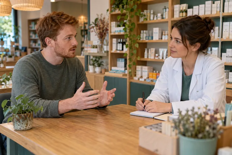 Un homme échange avec une pharmacienne à une table