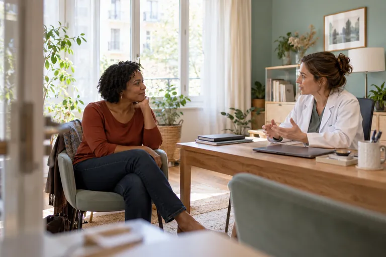 Une femme échange avec une médecin dans un cabinet lumineux
