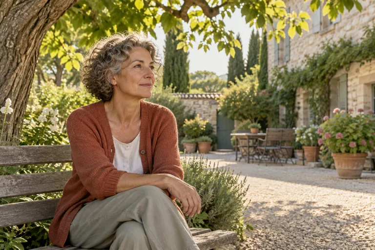 Une femme aux cheveux gris bouclés est assise sur un banc sous un arbre dans une cour ensoleillée