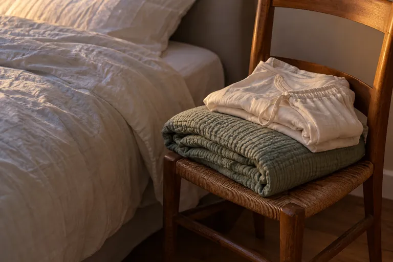 Une couverture verte pliée et des vêtements de nuit crème sont posés sur une chaise près d’un lit