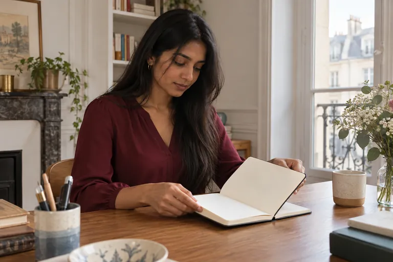 Une femme ouvre un carnet à une table