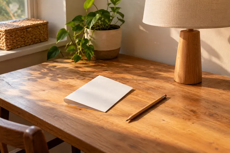 Un crayon et une feuille pliée sont posés près d’une lampe