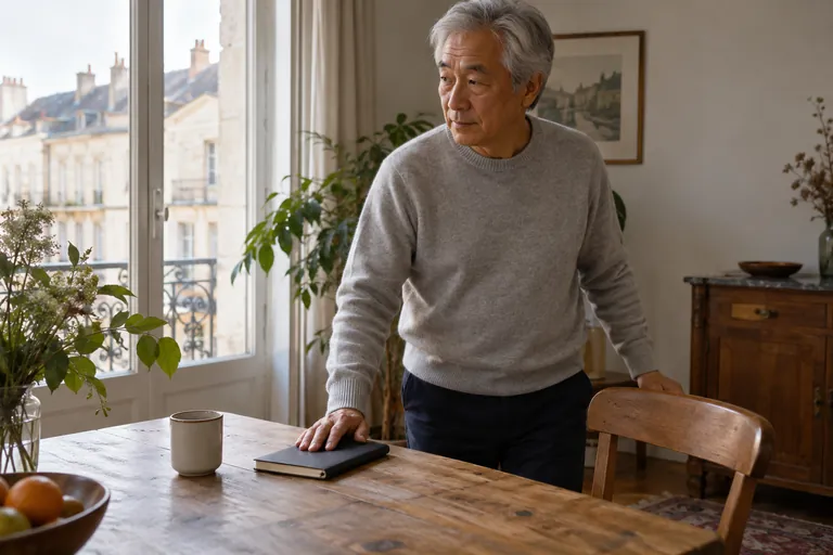 Un homme debout pose la main sur un carnet fermé