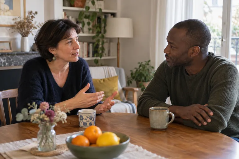 Deux adultes discutent autour d’une table