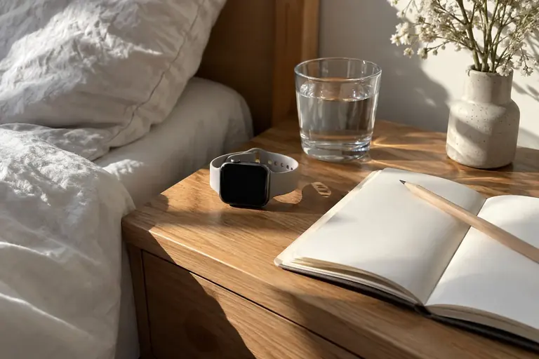 Une montre à écran éteint près d’un carnet vierge, d’un crayon et d’un verre d’eau sur une table de nuit