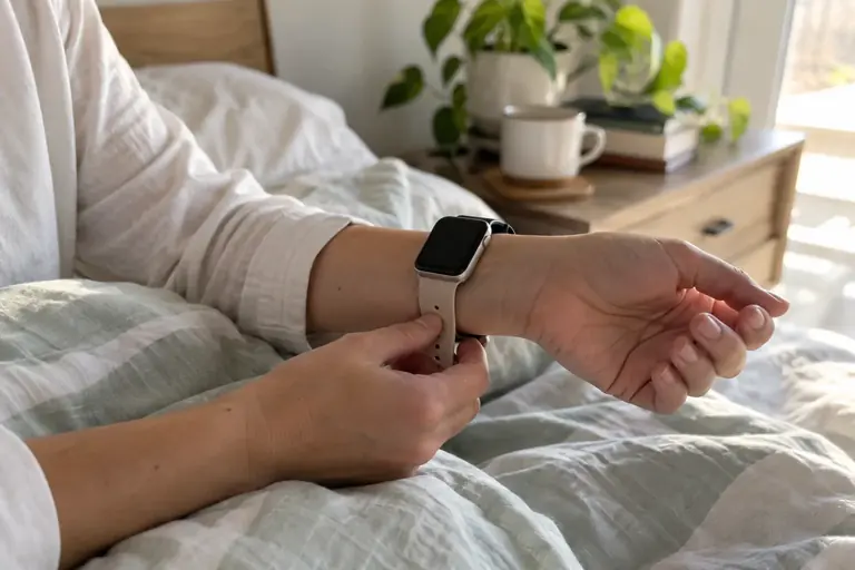 Des mains retirent une montre à écran éteint au réveil