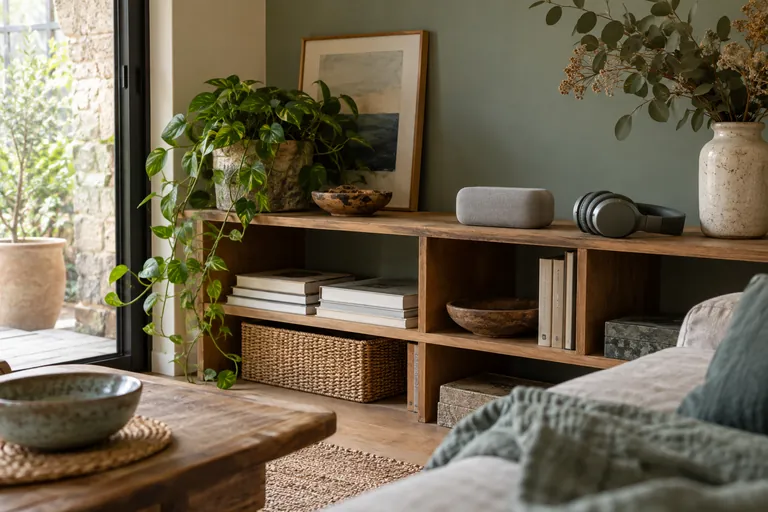 Une enceinte compacte et un casque reposent sur une étagère