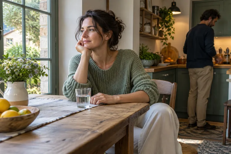 Une femme assise à une table regarde par la fenêtre