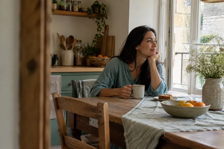 Une femme fait une pause à une table près d’une fenêtre